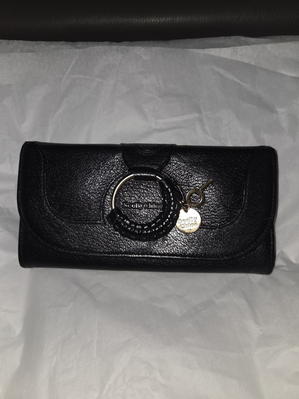 See By Chloe Beautiful Black Goat Leather Ring-Accent Flap Wallet